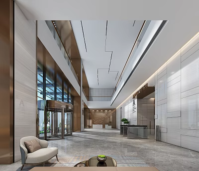 Modern Lobby Interior Front Desk Reception With Marble Floor Glass Doors And Green Plants 3d model
