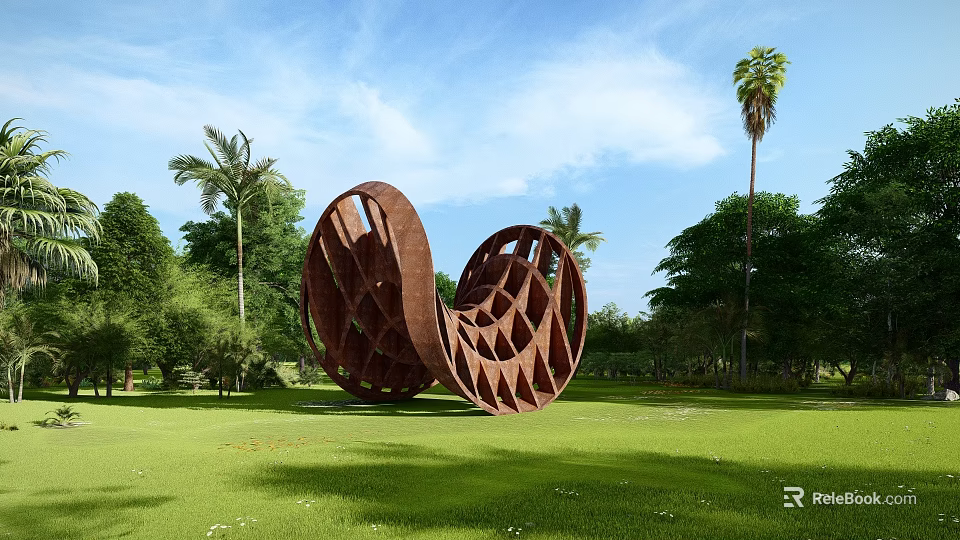 Hollow Brown Metal Sculpture In Green Grass With Trees And Blue Sky 3d model 
