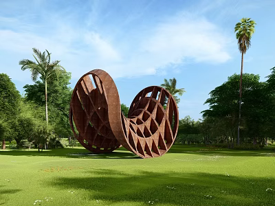 Hollow Brown Metal Sculpture In Green Grass With Trees And Blue Sky 3d model