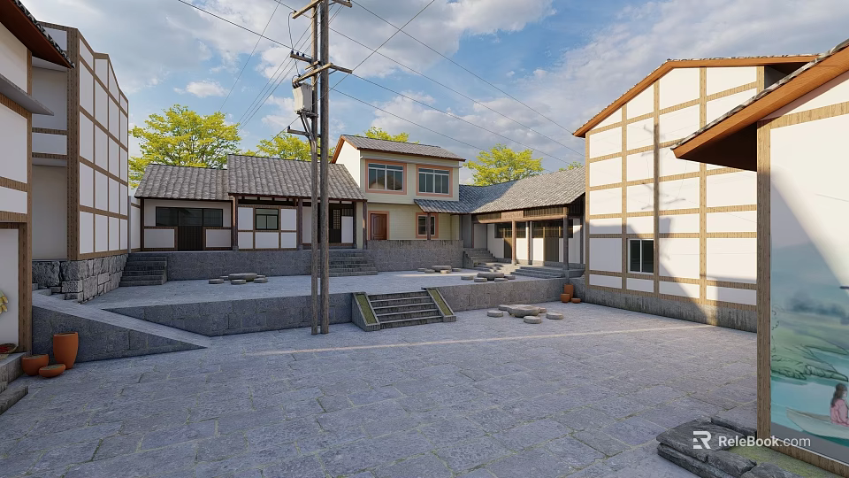 Traditional Style Rural Self Built Houses With Courtyard And Stone Paved Ground 3d model 