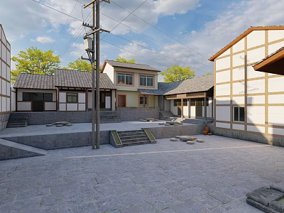 Traditional Style Rural Self Built Houses With Courtyard And Stone Paved Ground 3d model