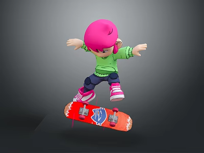 Man With Pink Hair Green Shirt Riding Red Skateboard And Jumping In Air 3d model