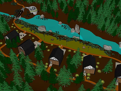 Scenic Forest Cottages Near Blue River Surrounded by Green Trees And Rocks 3d model
