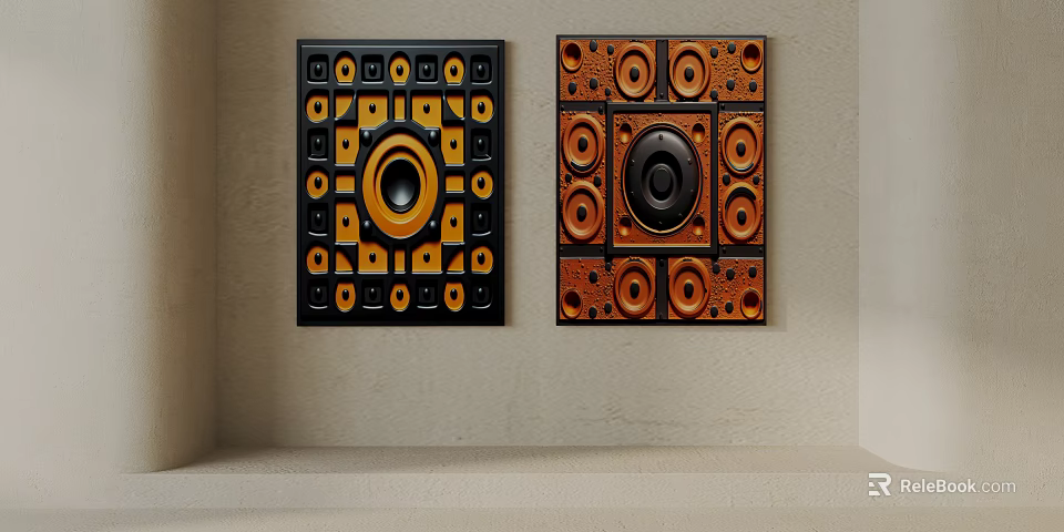 Decorative Wall Mounted Speakers With Geometric Patterns In Black And Orange 3d model