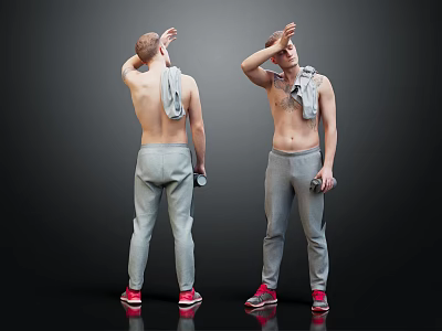 Shirtless Man Wearing Gray Sweatpants and Red Sneakers with Towel on Shoulder Holding Water Bottle 3d model