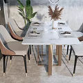 Modern Dining Table Set with Brown Upholstered Chairs Green Plant and Light Carpet