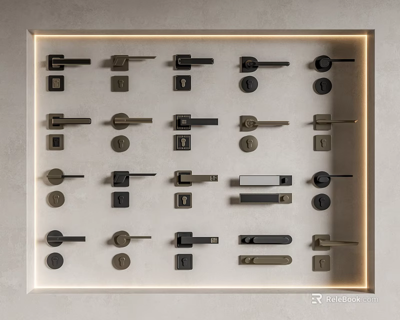 Various Door Handles With Different Metal Designs And Finishes On 3d model 
