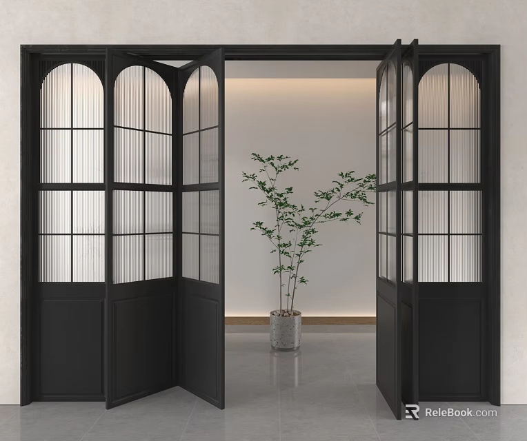 Black Arched Glass Panels Folding Doors Open In Modern Interior With Indoor Plant 3d model 