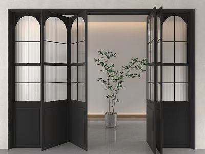 Black Arched Glass Panels Folding Doors Open In Modern Interior With Indoor Plant 3d model