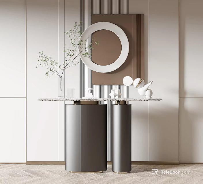Modern Console Table With Marble Top And Metal Pedestals Round Mirror Green Plant Decorative Ornaments 3d model 