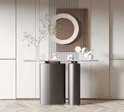 Modern Console Table With Marble Top And Metal Pedestals Round Mirror Green Plant Decorative Ornaments 3d model