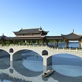 Ancient Architectural Bridge With Traditional Curved Eaves Roof Over River And Surrounding Trees
