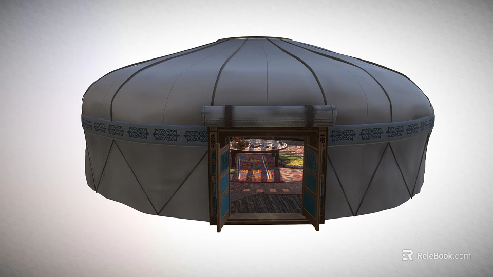 Traditional Yurt Circular Gray Exterior Open Door Revealing Colorful Carpet Interior Decor Blue Patterned Trim 3d model 
