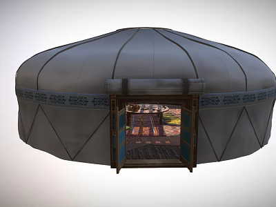 Traditional Yurt Circular Gray Exterior Open Door Revealing Colorful Carpet Interior Decor Blue Patterned Trim 3d model