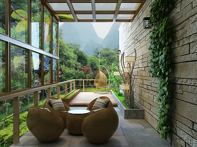 Scenic Villa Balcony with Rattan Chairs Round Table Mountain View and Lush Green Plants 3d model