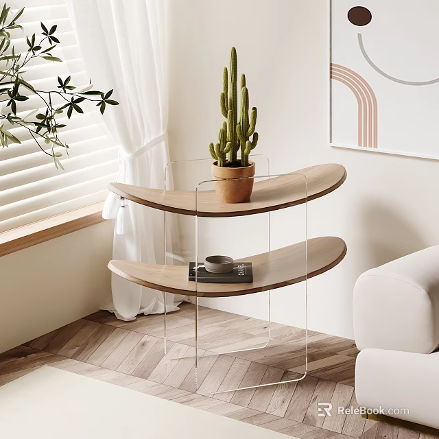Modern Three Tiered Side Table with Cactus Cup and Book in Minimalist Living Room 3d model 