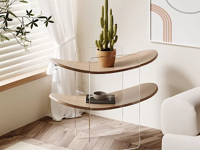 Modern Three Tiered Side Table with Cactus Cup and Book in Minimalist Living Room 3d model