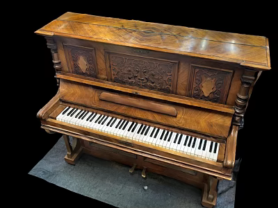 Classic Vintage Wooden Piano With Intricate Carvings And Black White Keys 3d model
