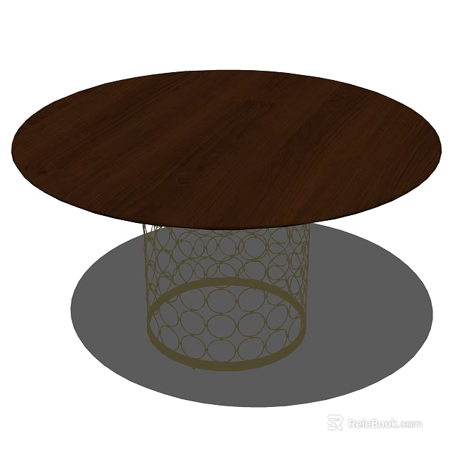 Round Dark Wooden Dining Table With Gold Metal Mesh Base Design 3d model 