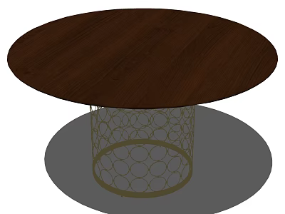 Round Dark Wooden Dining Table With Gold Metal Mesh Base Design 3d model