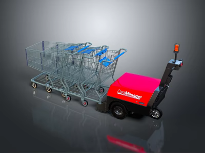 Red Cart Mover Towing Multiple Metal Shopping Carts In Retail Setting 3d model