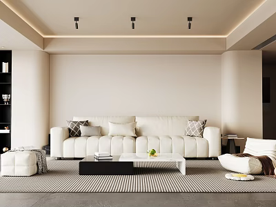 Modern Living Room With Beige Sofa Pillows Black White Coffee Table Striped Rug Recessed Lighting 3d model
