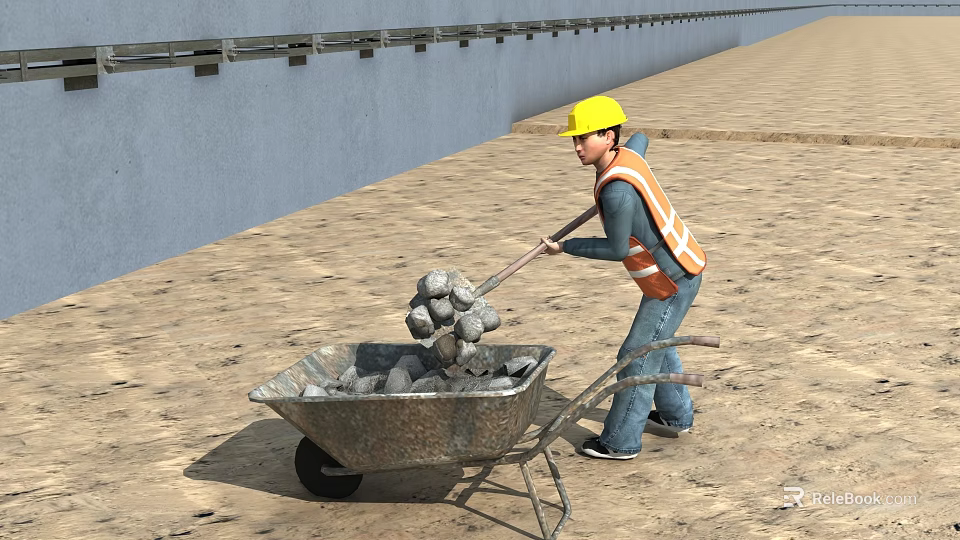 Construction site worker in yellow hard hat and orange safety vest pushing wheelbarrow with stones 3d model 