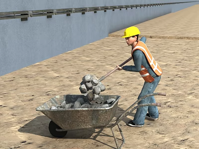 Construction site worker in yellow hard hat and orange safety vest pushing wheelbarrow with stones 3d model