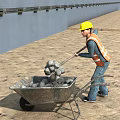 Construction site worker in yellow hard hat and orange safety vest pushing wheelbarrow with stones