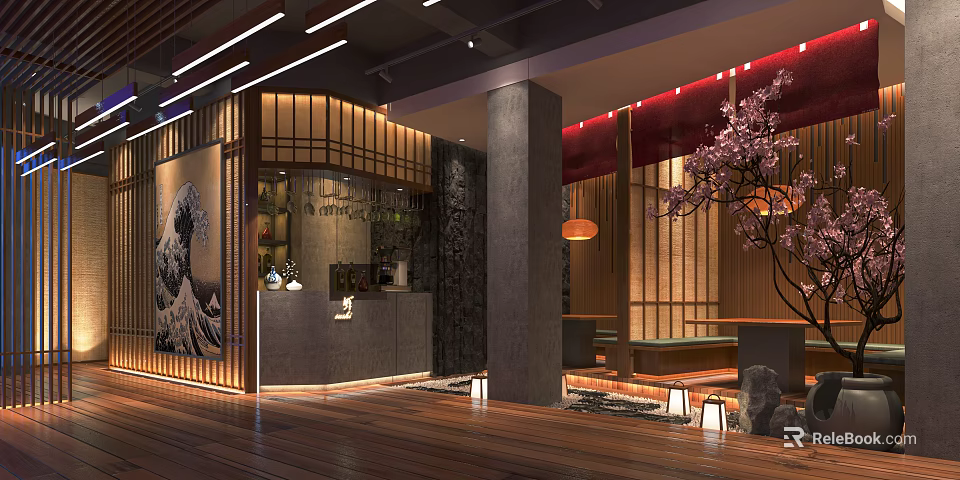 Japanese Style Restaurant Interior With Wooden Decor Cherry Blossom Tree Lanterns And Mountain Painting 3d model 