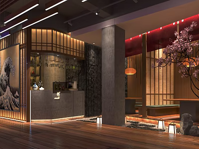 Japanese Style Restaurant Interior With Wooden Decor Cherry Blossom Tree Lanterns And Mountain Painting 3d model