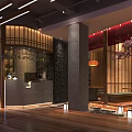 Japanese Style Restaurant Interior With Wooden Decor Cherry Blossom Tree Lanterns And Mountain Painting
