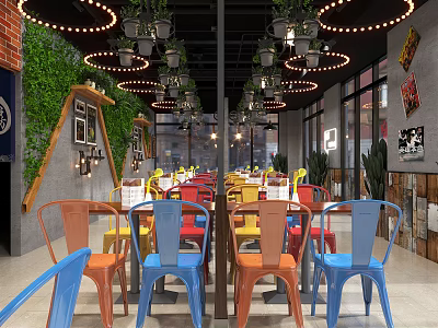 Stylish Restaurant Interior With Colorful Chairs Dining Tables Green Plant Wall And Hanging Lights 3d model