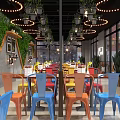 Stylish Restaurant Interior With Colorful Chairs Dining Tables Green Plant Wall And Hanging Lights