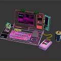 Cyberpunk Style Electronic Laptop With Purple Backlit Keyboard And Accessories