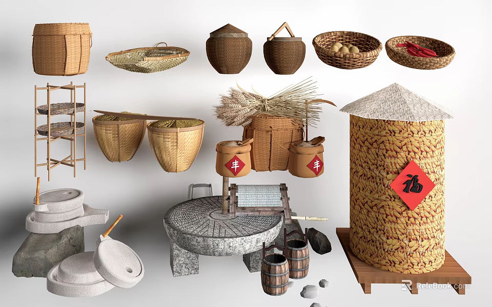 Traditional Chinese Farmhouse Handicrafts Including Bamboo Baskets Stone Mill And Fu Character 3d model 