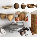 Traditional Chinese Farmhouse Handicrafts Including Bamboo Baskets Stone Mill And Fu Character