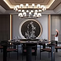 Elegant Chinese Style Private Dining Room Interior With Circular Painting Chandelier And Round Table 3d model