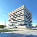 Modern Multi Story Library Building With White Facade Water Pool And Trees 3d model