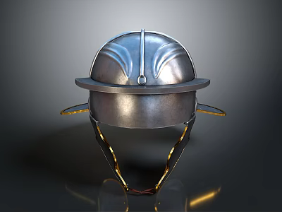 Medieval Weapon Helmet Featuring Shiny Metal Surface Decorative Lines And Chin Strap 3d model