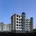 Modern Residential Building Exterior With Glass Elevator Shaft Blue Sky And People Around
