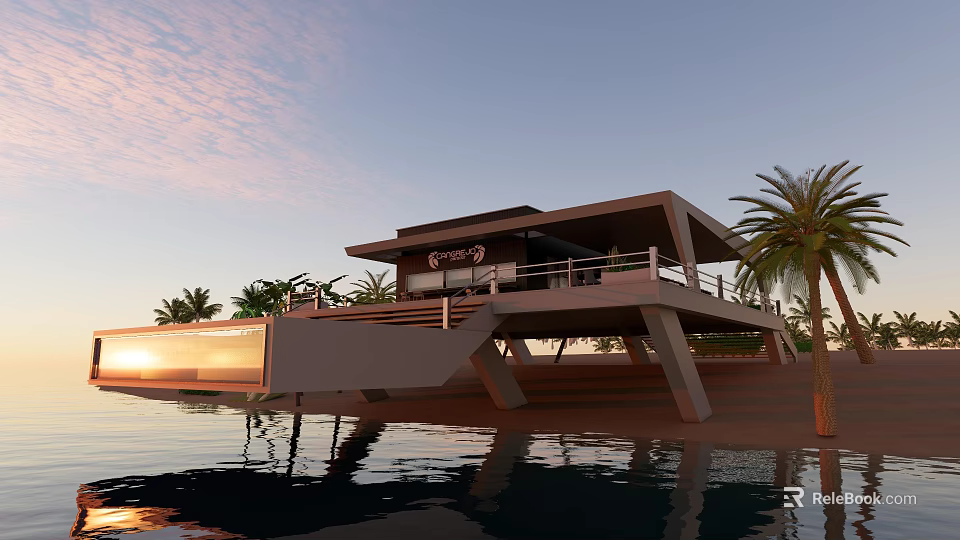 Modern Waterfront Villa with Sunset View Palm Trees and Water Reflection 3d model 
