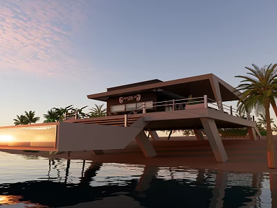 Modern Waterfront Villa with Sunset View Palm Trees and Water Reflection 3d model