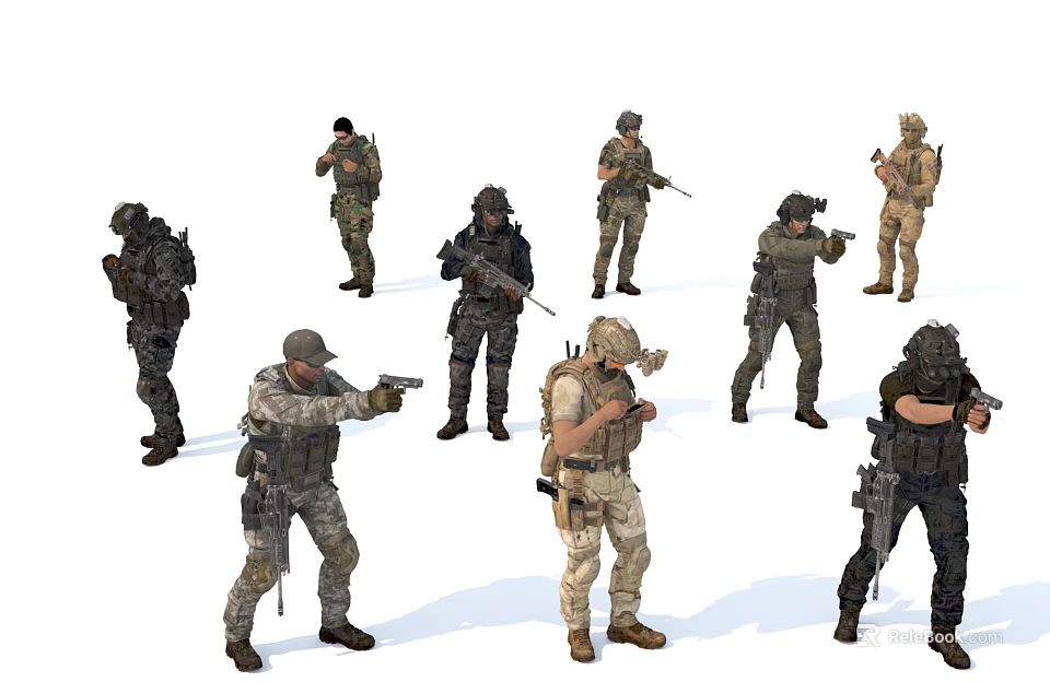 Men In Tactical Military Uniforms Holding Weapons In Various Action Poses 3d model 