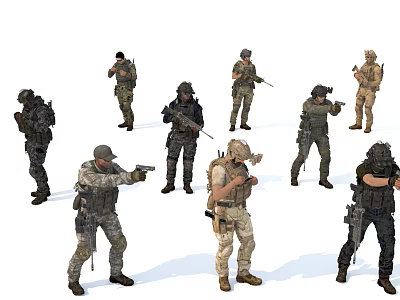 Men In Tactical Military Uniforms Holding Weapons In Various Action Poses 3d model