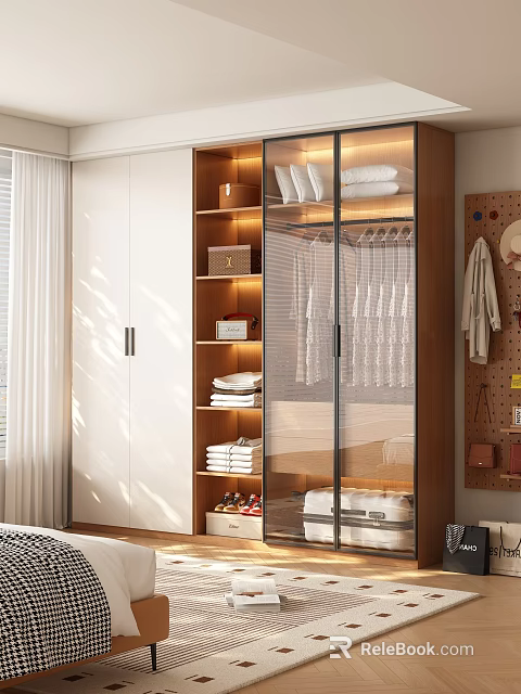 Modern Minimalist Bedroom Wardrobe With Glass Doors Built In Warm Lights And Large Storage Space 3d model 