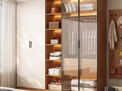 Modern Minimalist Bedroom Wardrobe With Glass Doors Built In Warm Lights And Large Storage Space 3d model
