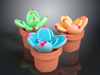 Colorful Succulent Plants in Terracotta Pots with Pink Tipped Petals 3d model