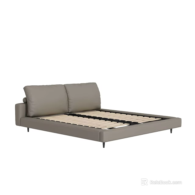 Modern Gray Leather Double Bed Frame With Minimalist Headboard And Wooden Slats 3d model 