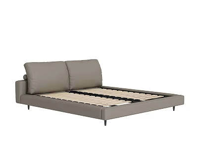 Modern Gray Leather Double Bed Frame With Minimalist Headboard And Wooden Slats 3d model